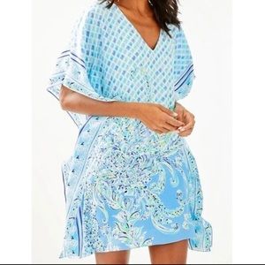 NWT Lilly Pulitzer LindaMarie silk caftan Dress size S/M Bondi Blue scuba doo